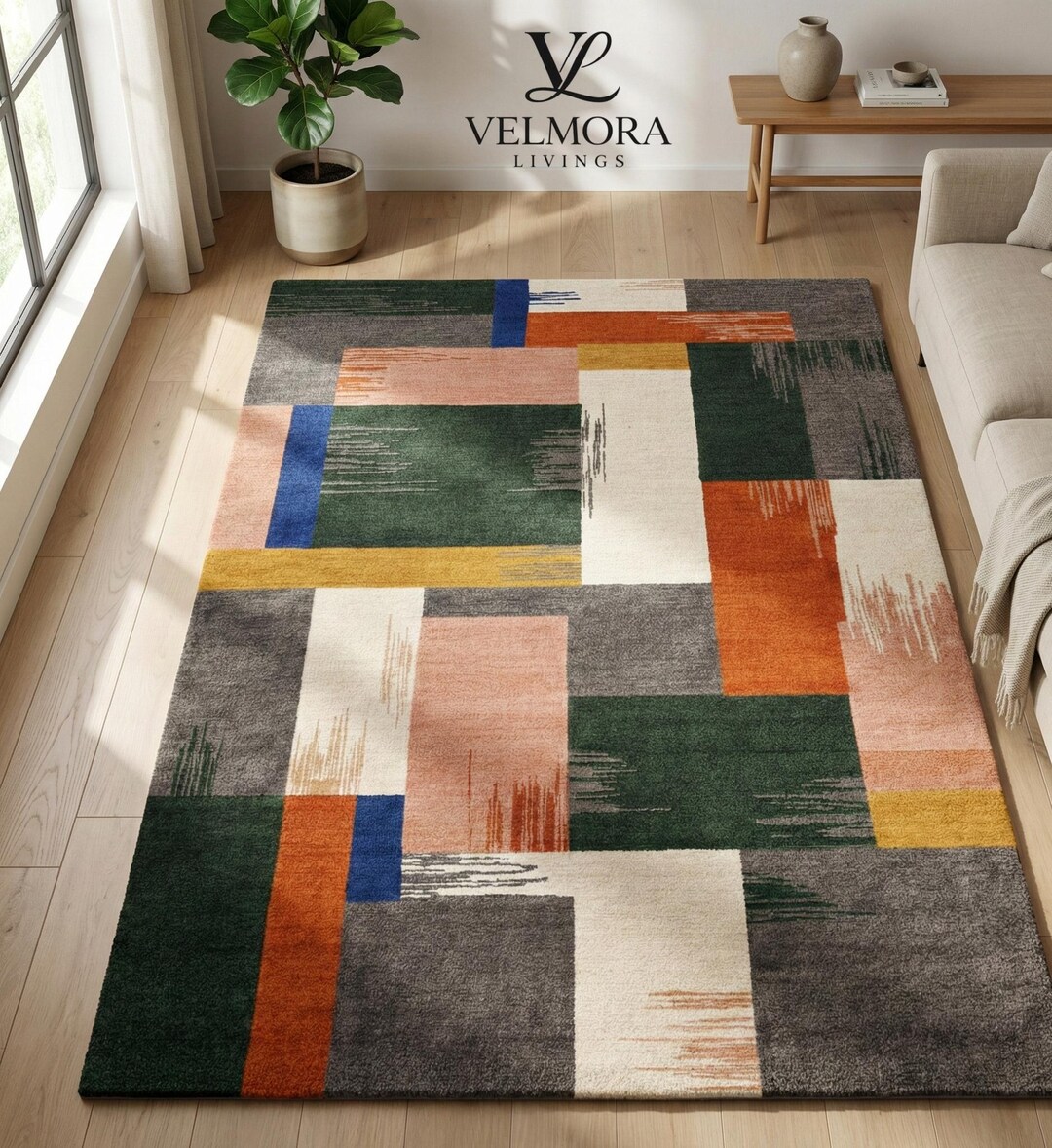 Handcrafted Abstract Rug Forest Green Orange Hand Tufted Wool Carpet ...