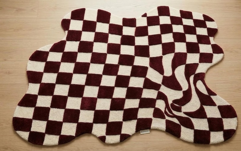 Wavy Burgundy Checkerboard Wool Rug | Abstract Organic Shape Hand ...