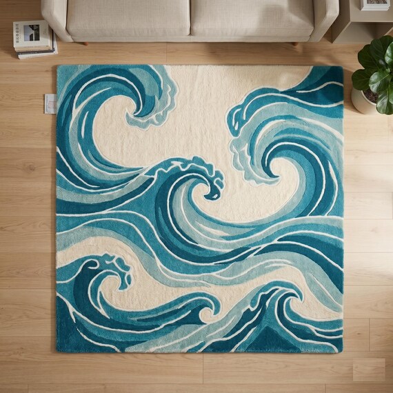 Hand Tufted Rug Living Room Rug Custom Rug Blue Area Rug Modern Rug Wool Area Rug Coastal Decor Ocean Wave Rug Bedroom Rugs Abstract