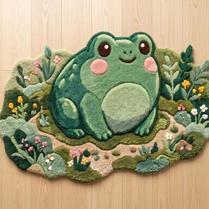 May include: A tufted rug shaped like a frog sitting in a garden. The frog is dark and light green with pink cheeks and large brown eyes. The surrounding garden features various shades of green foliage, small pink and yellow flowers, and a path.