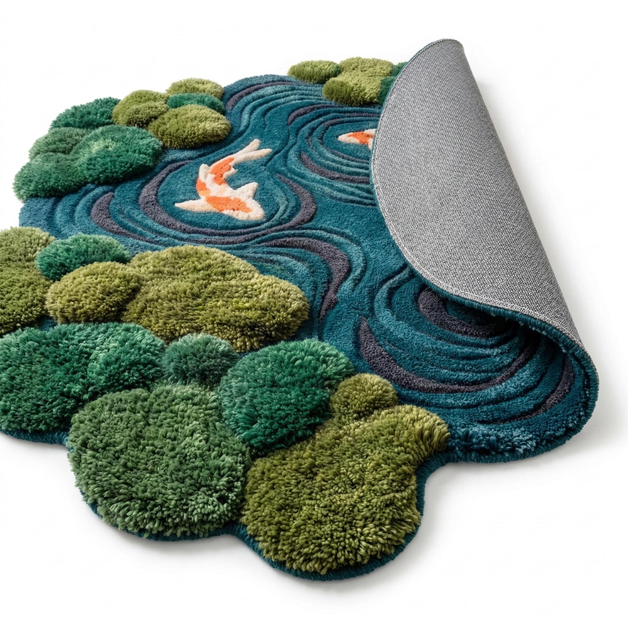 Pond Colors Rug Blue Koi Fish Pond Rug, 3D Irregular Hand Tufted Wool Area Rug ...