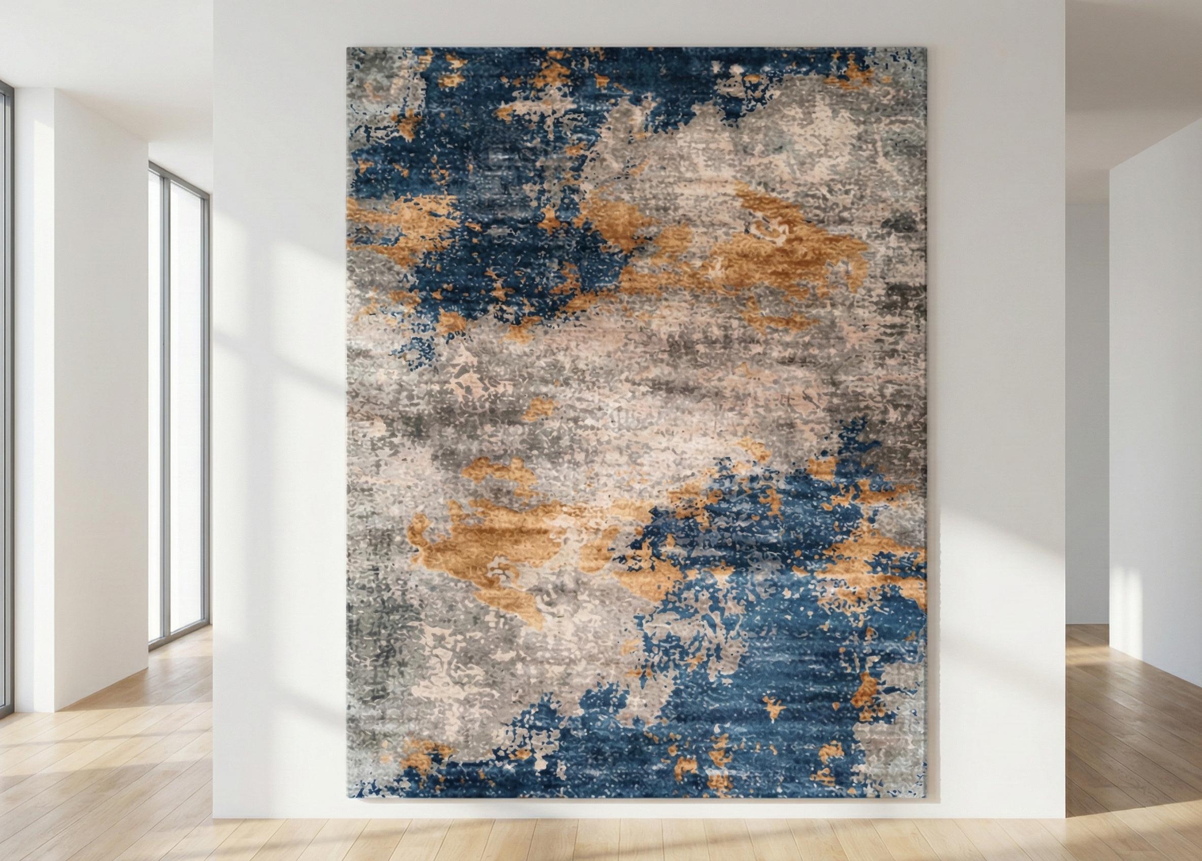 Navy Blue and Gold Abstract Rug, Modern Aesthetic Area Rug, Distressed ...