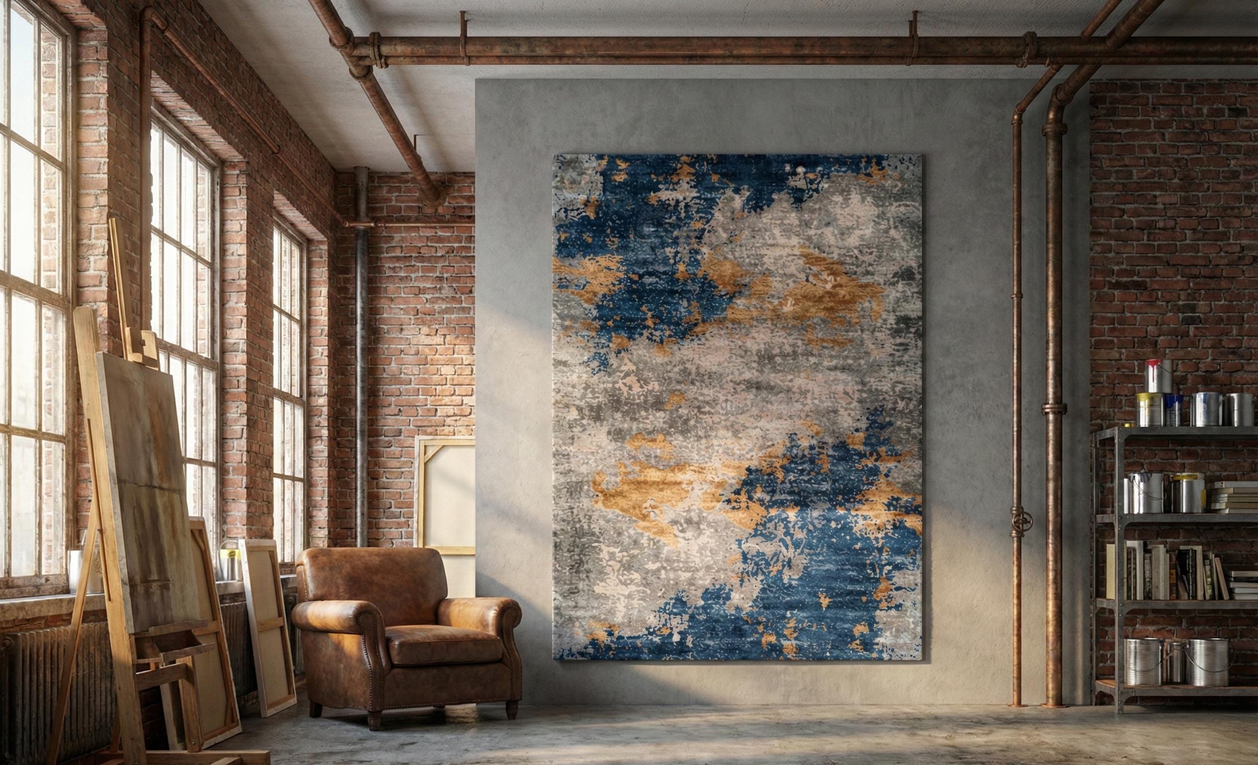 Navy Blue and Gold Abstract Rug, Modern Aesthetic Area Rug, Distressed ...