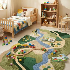May include: A children's bedroom scene featuring a wooden bed, bookshelf, and a play rug. The rug is shaped like a landscape with a river and roads, with a wooden train set and building blocks. The room has a neutral color palette with soft lighting.