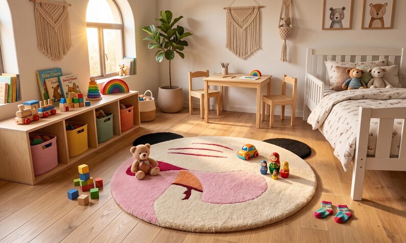 Detailed close-up view of the vibrant crimson red accent and bright orange beak on the nursery rug, proving handcrafted rugs quality.