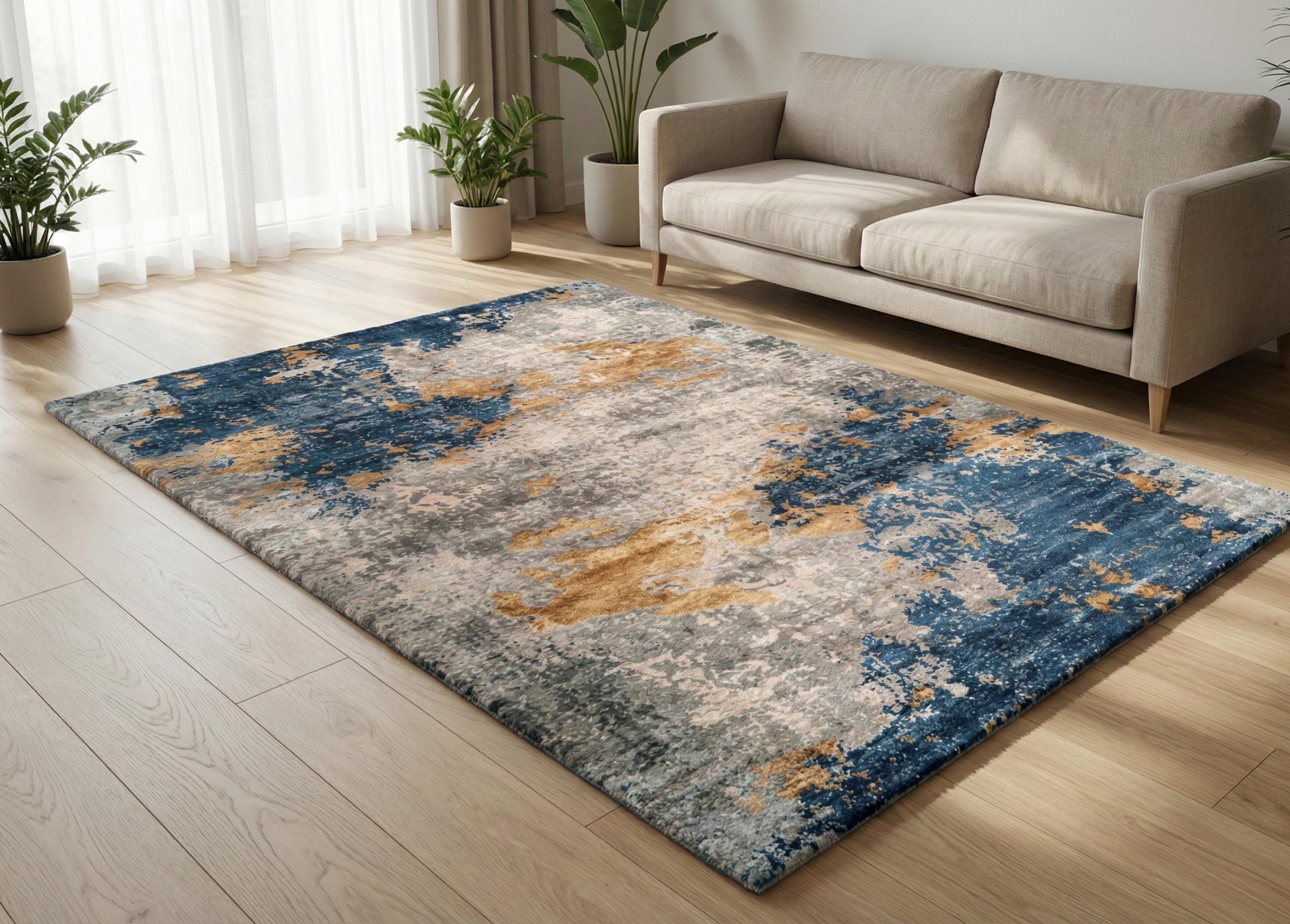 Navy Blue and Gold Abstract Rug, Modern Aesthetic Area Rug, Distressed ...