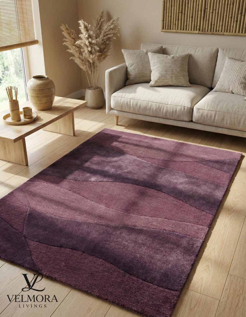 Plum Color Rugs Handcrafted Rugs – Artsy Floor Rugs – Purple Abstract Wave Carpet ...