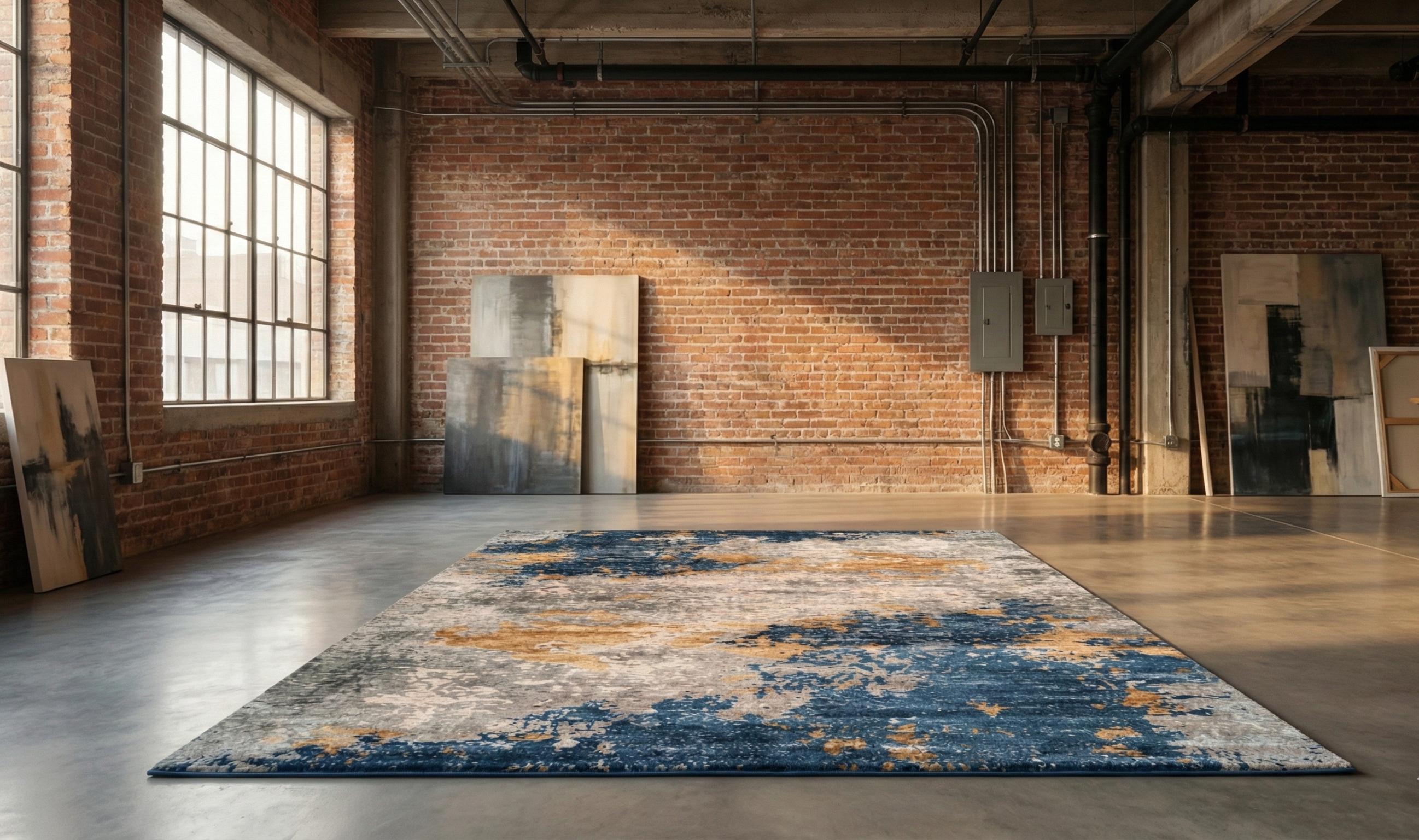 Navy Blue and Gold Abstract Rug, Modern Aesthetic Area Rug, Distressed ...