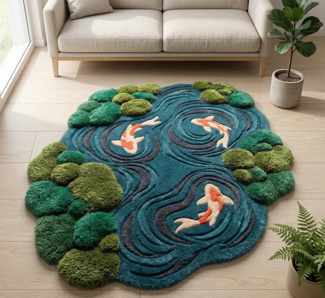 Fish Tuft Rug Blue Koi Fish Pond Rug, 3D Irregular Hand Tufted Wool Area Rug ...