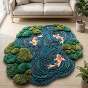 May include: A round, teal rug with a koi pond design. The rug features three koi fish with orange and white markings swimming in a pond with swirling water patterns. Green, textured, moss-like shapes surround the pond.