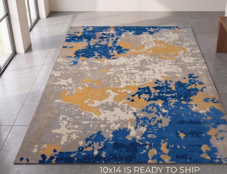 Navy Blue and Gold Abstract Rug, Modern Aesthetic Area Rug, Distressed ...