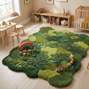 May include: A green, textured rug with a forest design, featuring varying shades of green and leaf patterns. Wooden toys, including a rainbow, animals, and a train, are arranged on the rug. The room also includes a wooden table, chairs, and a cot.