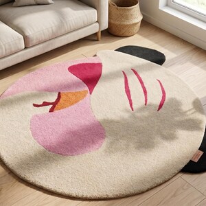 Back view of the unique shape rug showcasing the clean execution of the professional heavy-duty grey canvas backing.