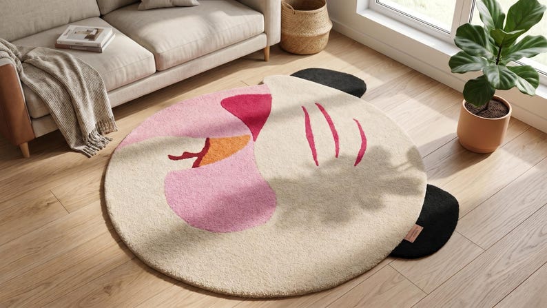 Back view of the unique shape rug showcasing the clean execution of the professional heavy-duty grey canvas backing.