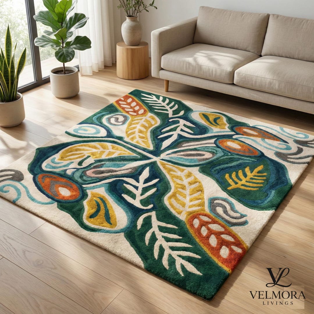 Abstract Leaf Pattern Area Rug Hand Tufted New Zealand Wool Rug, Modern Botanical Abstract Rug, Leaf ...