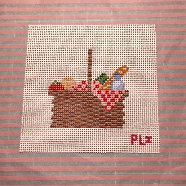 Cesta de picnic, lienzo de punto de cruz pintado a mano.