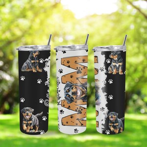 20 oz Glossy Stainless Steel Rottweiler Tumbler | Dog Lover Gift | With Lid & Straw