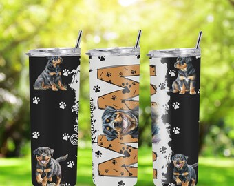 20 oz Glossy Stainless Steel Rottweiler Tumbler | Dog Lover Gift | With Lid & Straw