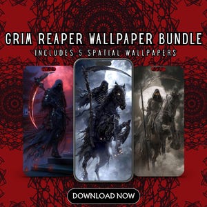 May include: A digital wallpaper bundle featuring Grim Reaper-themed designs. The image displays three phone screens showcasing the Grim Reaper on horseback and with a scythe. The text reads "Grim Reaper Wallpaper Bundle" and "Download Now."