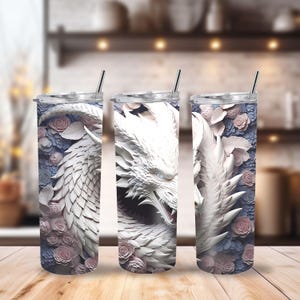 3D White Dragon Skinny Tumbler 20 oz | Fantasy Floral Insulated Cup | Mythical Gift for Him or Her