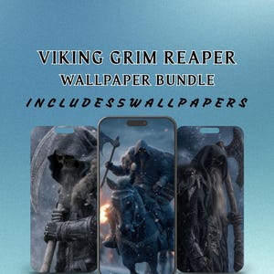 Op de afbeelding: Een digitale wallpaperbundel met Viking Grim Reaper-ontwerpen. De afbeelding toont drie smartphones met verschillende illustraties van Grim Reapers met bijlen en zeisen. Tekst bovenaan luidt "Viking Grim Reaper Wallpaper Bundle" en "Includes Wallpapers". Een knop onderaan zegt "Download Now".
