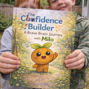 Op de afbeelding: Twee kinderen houden een kinderboek vast met de titel "The Confidence Builder". De omslag toont een cartoonfiguur met bladeren op zijn hoofd, tegen een bosachtergrond. De ondertitel van het boek luidt "A Brave Brain Journey with Milo".