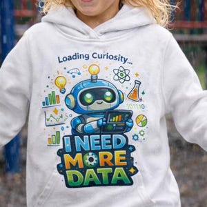 Kids STEM Hoodie, "I Need More Data" Science Robot Sweatshirt, Toddler Tech Lover Gift