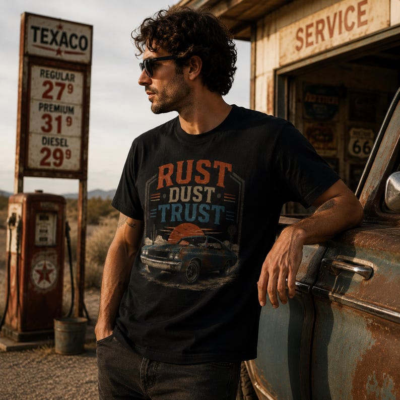 May include: A black short-sleeved t-shirt featuring a graphic print of a vintage car in a desert landscape with a setting sun. The text "RUST DUST TRUST" is printed in orange and blue above the car illustration. The shirt has a crew neckline.