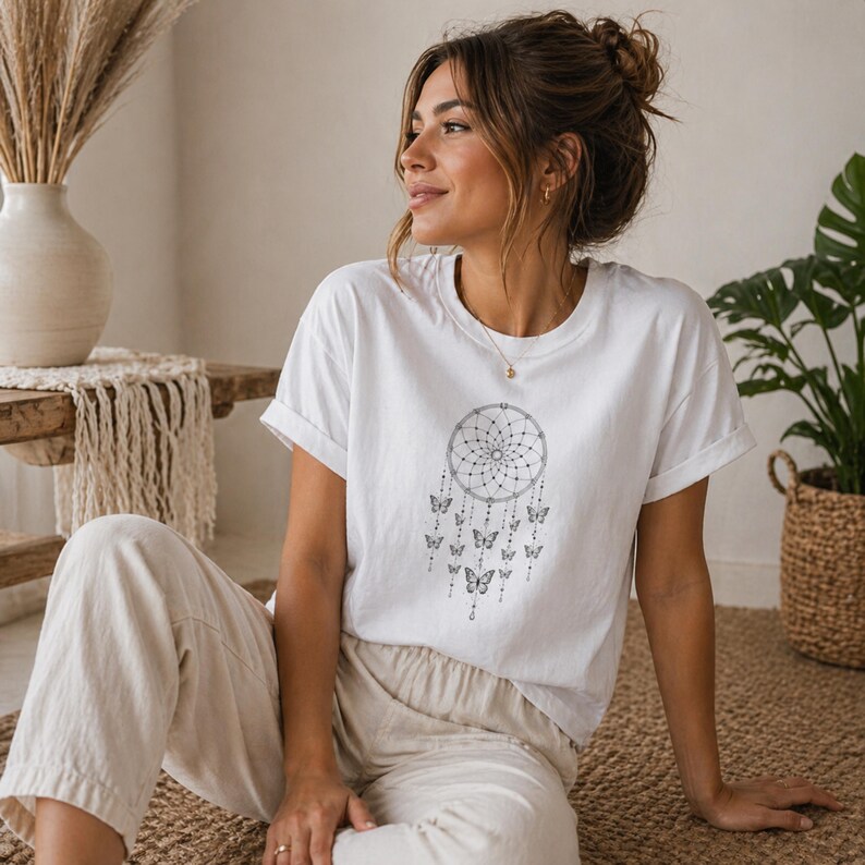 May include: A white short-sleeved t-shirt featuring a black line-art graphic of a dreamcatcher adorned with hanging butterflies. The shirt has a crew neckline and rolled sleeves, paired with light-coloured trousers in a relaxed, casual fit.