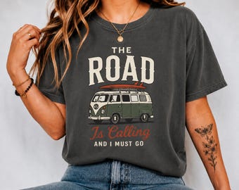 The Road Is Calling Shirt, Comfort Colors 1717 Tee, Vintage Van Graphic T-Shirt, Road Trip Adventure Gift