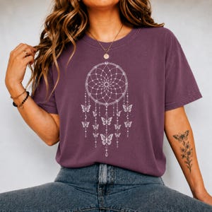 Butterfly Dreamcatcher Shirt, Boho Spiritual Tee, Minimalist Line Art Comfort Colors T-Shirt, Gift For Her image 1