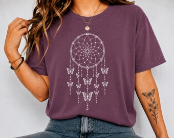 Butterfly Dreamcatcher Shirt, Boho Spiritual Tee, Minimalist Line Art Comfort Colors T-Shirt, Gift For Her
