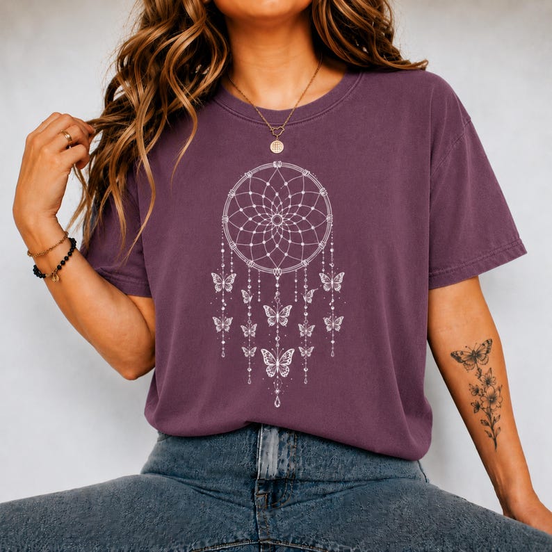 Butterfly Dreamcatcher Shirt, Boho Spiritual Tee, Minimalist Line Art Comfort Colors T-Shirt, Gift For Her image 1