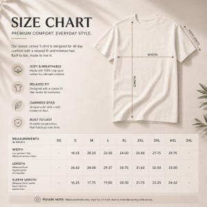 May include: A size chart for a cream-colored short-sleeve T-shirt. The graphic displays the shirt with arrows indicating width, length, and sleeve length. A table provides measurements in inches for sizes S through 4XL, including width and length.