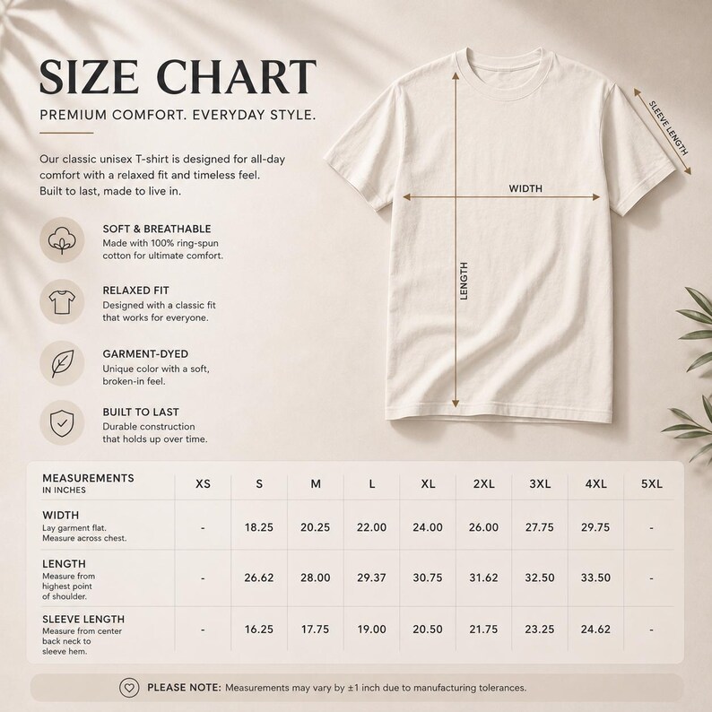 May include: A size chart for a cream-colored short-sleeve T-shirt. The graphic displays the shirt with arrows indicating width, length, and sleeve length. A table provides measurements in inches for sizes S through 4XL, including width and length.