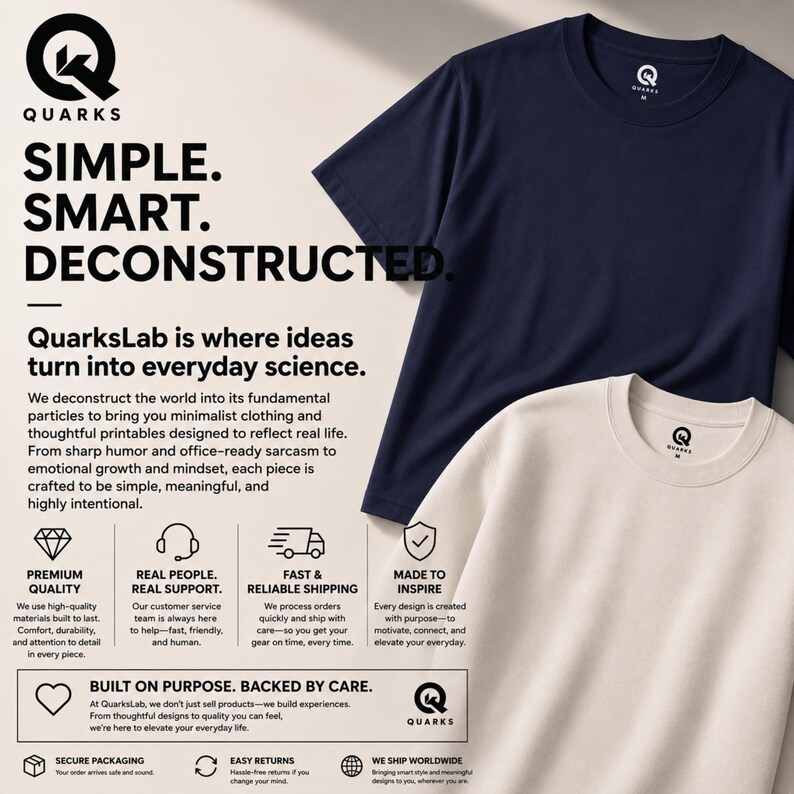 May include: A navy blue t-shirt and a cream-colored t-shirt with the Quarks logo on the inner neck label. The image includes text: SIMPLE. SMART. DECONSTRUCTED. QuarksLab is where ideas turn into everyday science, along with icons and service details.