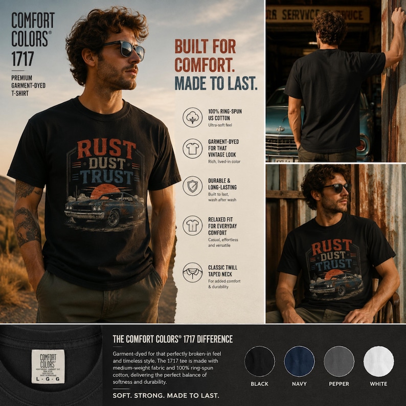 May include: A black short-sleeve t-shirt featuring a graphic print of a vintage car with the text RUST DUST TRUST. The shirt has a crew neck and is made of 100% ring-spun US cotton. The design includes a sunset background and desert landscape elements.