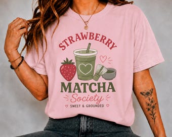 Strawberry Matcha Society Shirt, Comfort Colors Tee, Cute Matcha Graphic T-Shirt, Cafe Lover Gift For Her