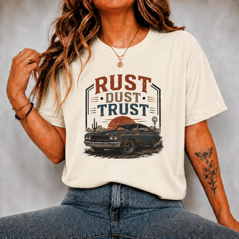 Vintage Muscle Car Shirt, Rust Dust Trust Tee, Classic Car Lover Gift, Garage Life Comfort Colors T-Shirt image 1