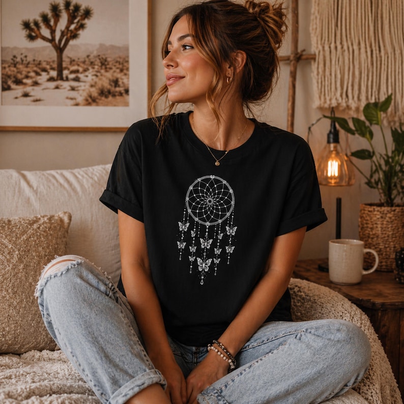 Butterfly Dreamcatcher Shirt, Boho Spiritual Tee, Minimalist Line Art Comfort Colors T-Shirt, Gift For Her image 2