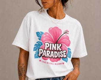 Pink Paradise Shirt, Comfort Colors Tee, Hibiscus Flower T-Shirt, Tropical Summer Vacation Gift For Her