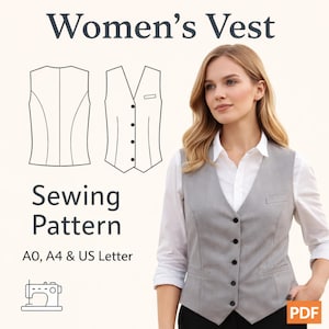 May include: A light grey vest with black buttons, worn over a white shirt. The image includes a sewing pattern diagram and the text "Women's Vest Sewing Pattern". The pattern is available in A0, A4, and US Letter sizes.