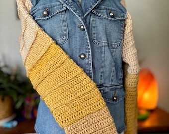 Up-Cycled Denim Jacket. Handmade Crochet Sweater Sleeve Size 12 Colorful Yellow Pink Sleeves