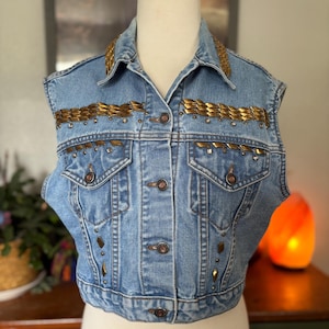 Beautiful Vintage 1980&#39;s Denim Vest Gold Studded Embellishment 80&#39;s Punk Retro