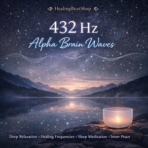 Puede incluir: Imagen serena con un cuenco tibetano de cristal brillante sobre rocas, con un cielo estrellado sobre un lago y montañas. El texto incluye "432 Hz Alpha Brain Waves" y "Healing Beat Shop". Palabras clave: Relajación profunda, Frecuencias curativas, Meditación del sueño, Paz interior.