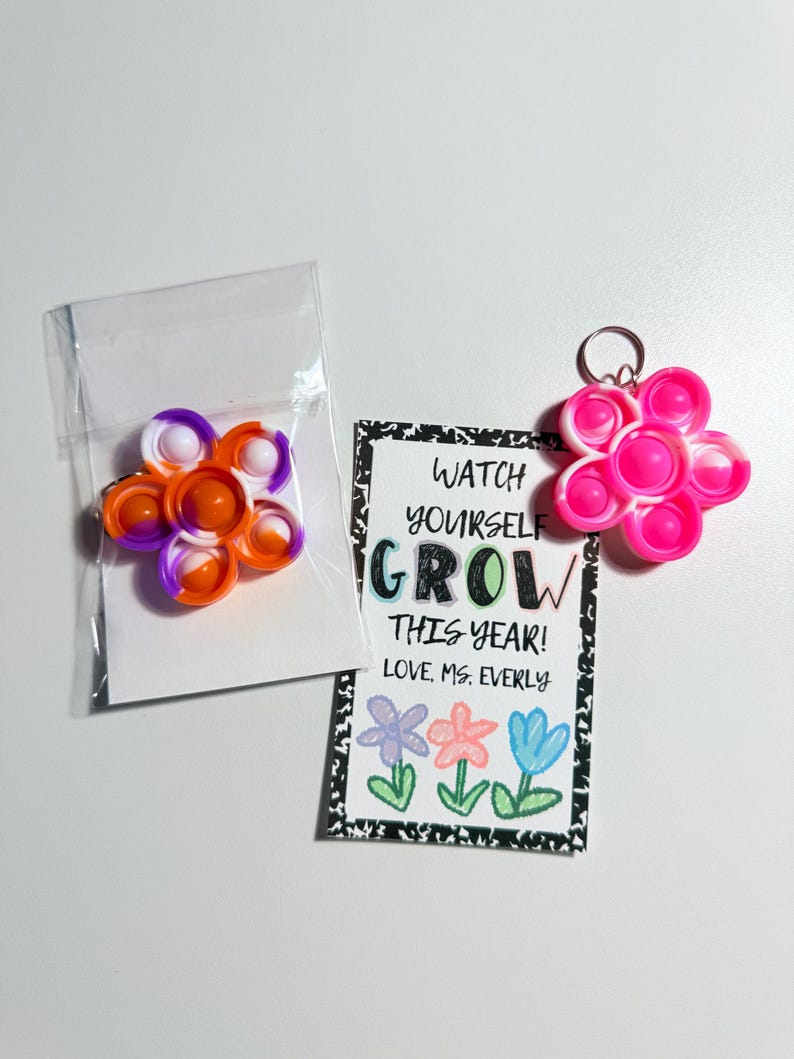 May include: Two flower-shaped silicone sensory toys and a rectangular card. One toy is orange, purple, and white in a clear bag. The other is pink and white with a metal keychain. The card reads: WATCH YOURSELF GROW THIS YEAR! LOVE, MS. EVERLY.