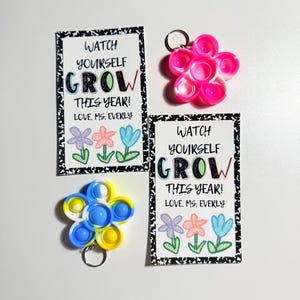 May include: Two rectangular cards with black and white speckled borders featuring the text WATCH YOURSELF GROW THIS YEAR! LOVE, MS. EVERLY and three hand-drawn flowers. Two flower-shaped silicone fidget keychains in neon pink and blue-yellow-white.