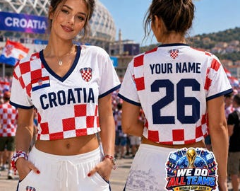 Custom Croatia Crop Top Football Jersey, Personalized Soccer Jersey Crop Tee, Red White Checkered Game Day Outfit,Trendy Sports Gift for Her
