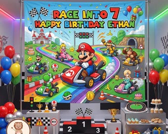 Personalized Mario Kart Birthday Banner, Race Into 7 Party Backdrop, Custom Name Decor, Gaming Birthday, Gift for Boy