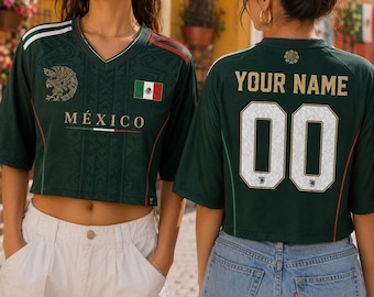 Personalized Mexico Soccer Crop Top Jersey, Custom Name Number Womens Football Shirt, Trendy Match Day Outfit Festival Streetwear